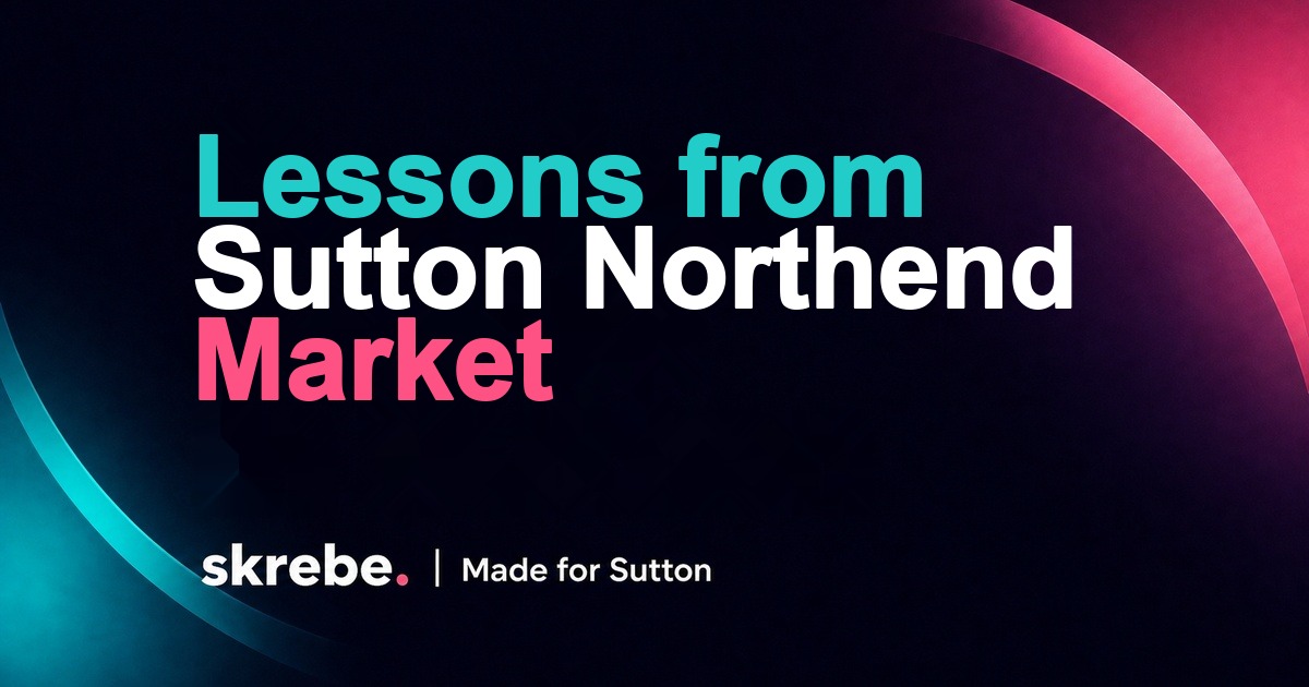 Branded skrebe cover showing Sutton market stalls and local business visibility