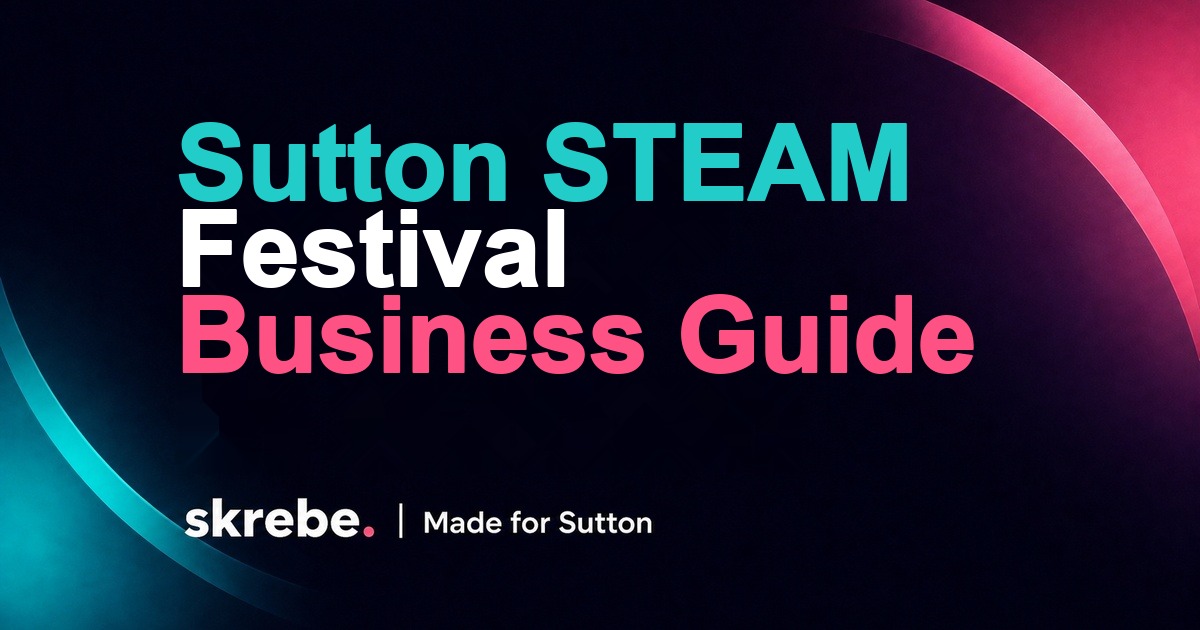 Branded skrebe cover with colourful science, art and business shapes for Sutton STEAM Festival