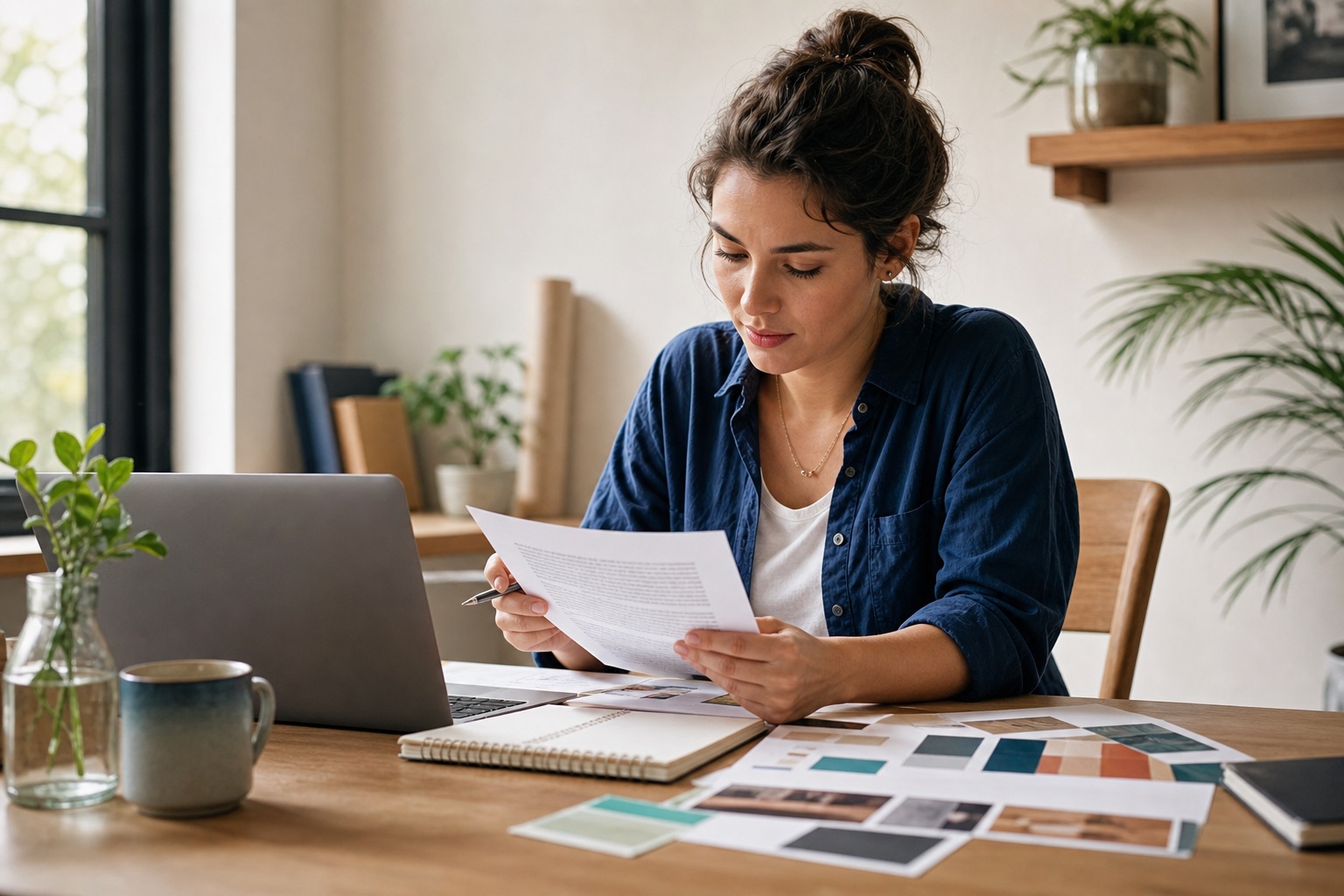 Writer preparing an article at a bright desk